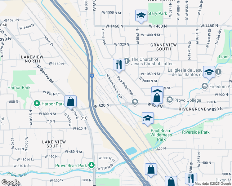 map of restaurants, bars, coffee shops, grocery stores, and more near 935 Independence Avenue in Provo