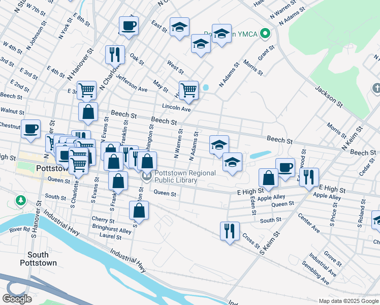 map of restaurants, bars, coffee shops, grocery stores, and more near 627 Chestnut Street in Pottstown