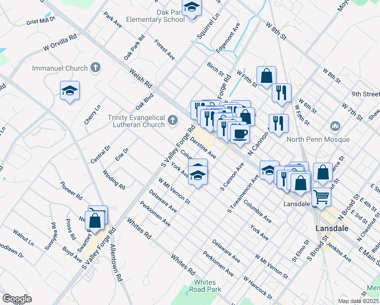 map of restaurants, bars, coffee shops, grocery stores, and more near 911 Columbia Ave in Lansdale