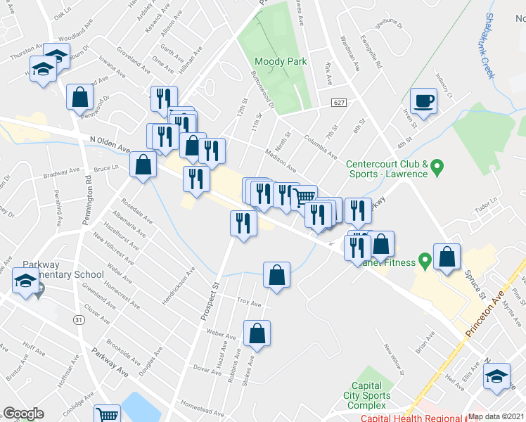 map of restaurants, bars, coffee shops, grocery stores, and more near 1680 North Olden Avenue in Trenton