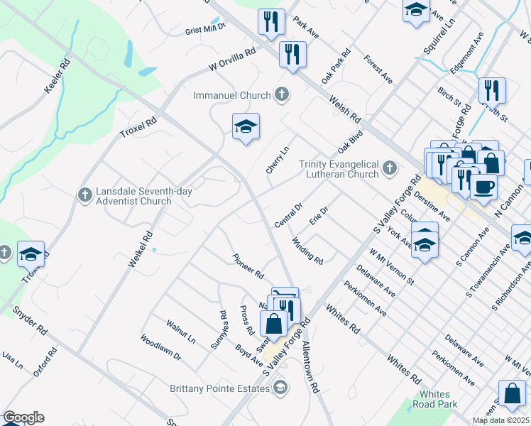 map of restaurants, bars, coffee shops, grocery stores, and more near 1207 Allentown Road in Lansdale