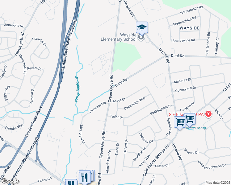 map of restaurants, bars, coffee shops, grocery stores, and more near 422 Green Grove Road in Ocean Township