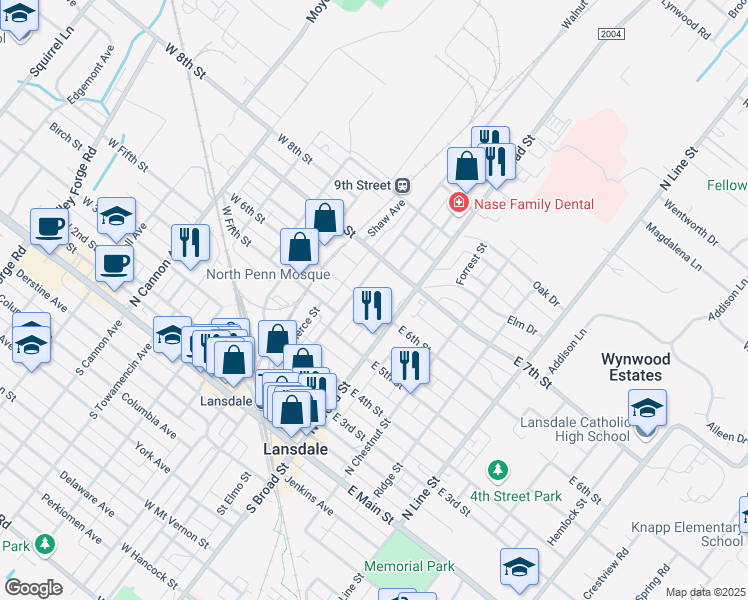 map of restaurants, bars, coffee shops, grocery stores, and more near 27 W 6th St in Lansdale