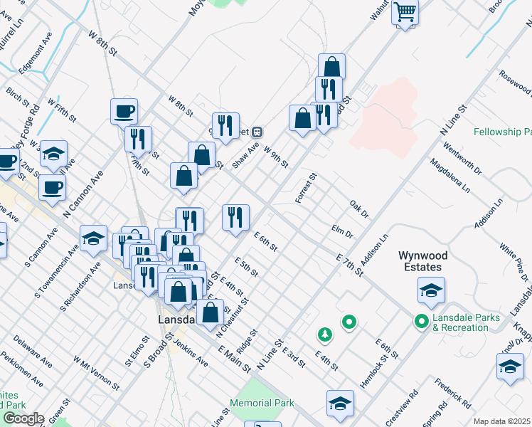 map of restaurants, bars, coffee shops, grocery stores, and more near 623 North Broad Street in Lansdale