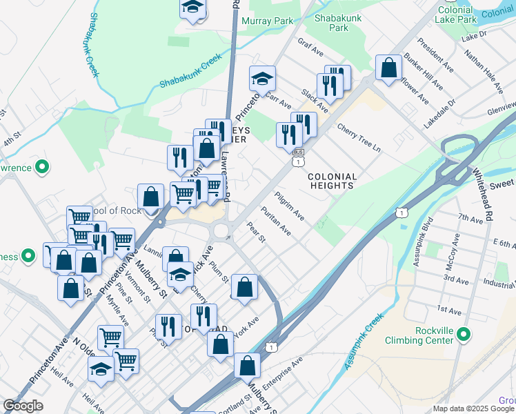 map of restaurants, bars, coffee shops, grocery stores, and more near 1618 U.S. 1 Business in Lawrence Township
