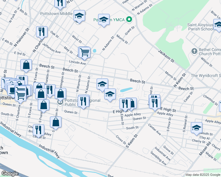 map of restaurants, bars, coffee shops, grocery stores, and more near 726 Walnut St in Pottstown