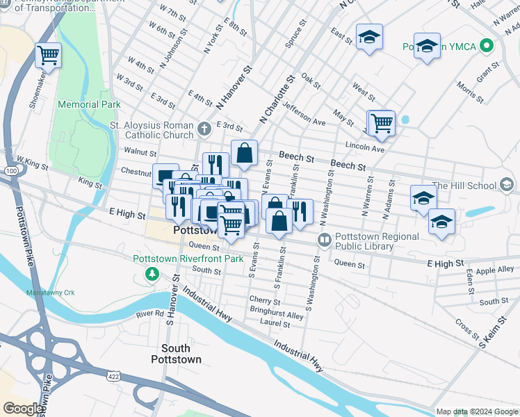 map of restaurants, bars, coffee shops, grocery stores, and more near 339 King Street in Pottstown