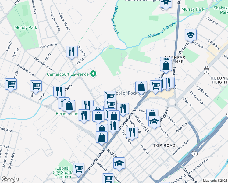 map of restaurants, bars, coffee shops, grocery stores, and more near 3 Colby Court in Lawrence Township