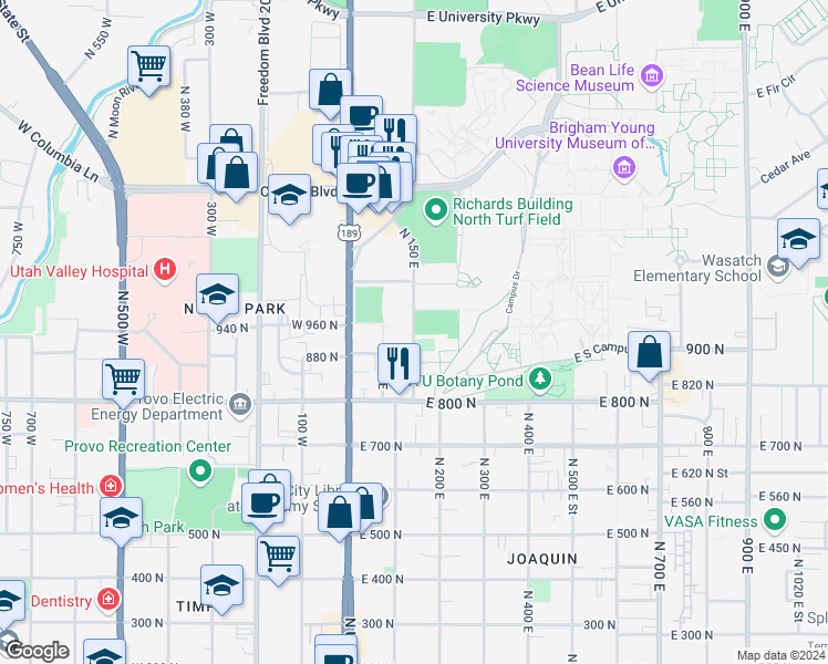 map of restaurants, bars, coffee shops, grocery stores, and more near 1 North University Avenue in Provo