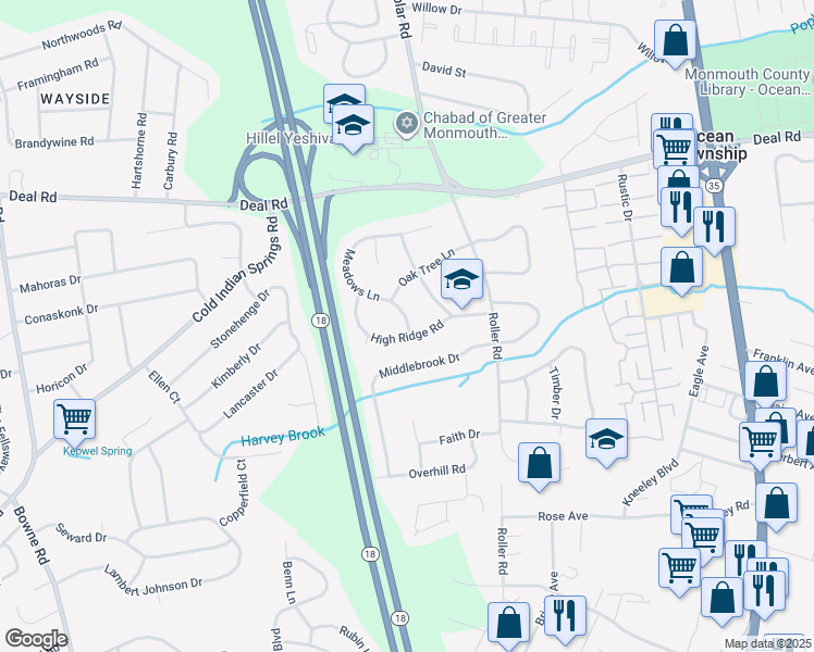 map of restaurants, bars, coffee shops, grocery stores, and more near 7 Meadows Lane in Monmouth County
