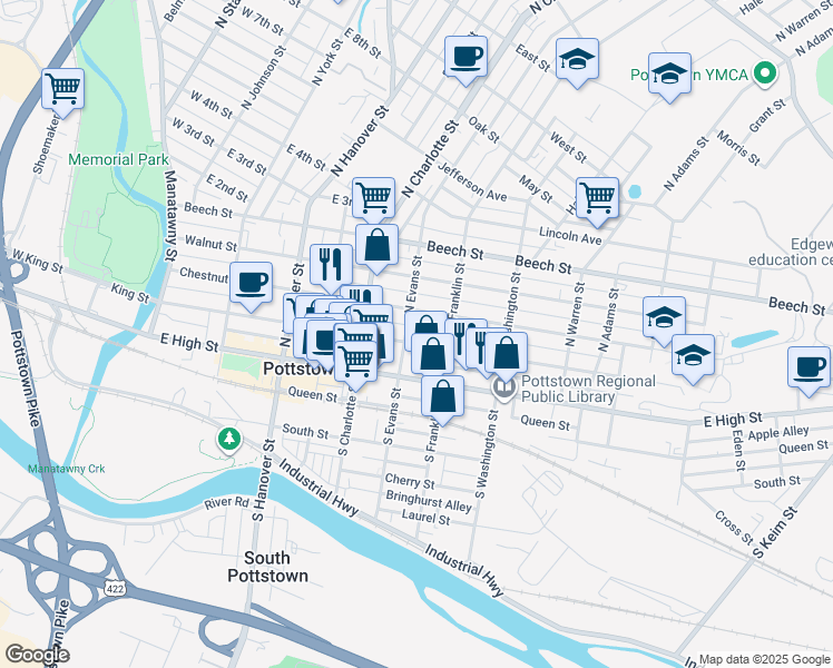 map of restaurants, bars, coffee shops, grocery stores, and more near 355 King Street in Pottstown