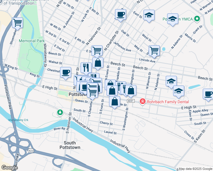 map of restaurants, bars, coffee shops, grocery stores, and more near 355 King Street in Pottstown
