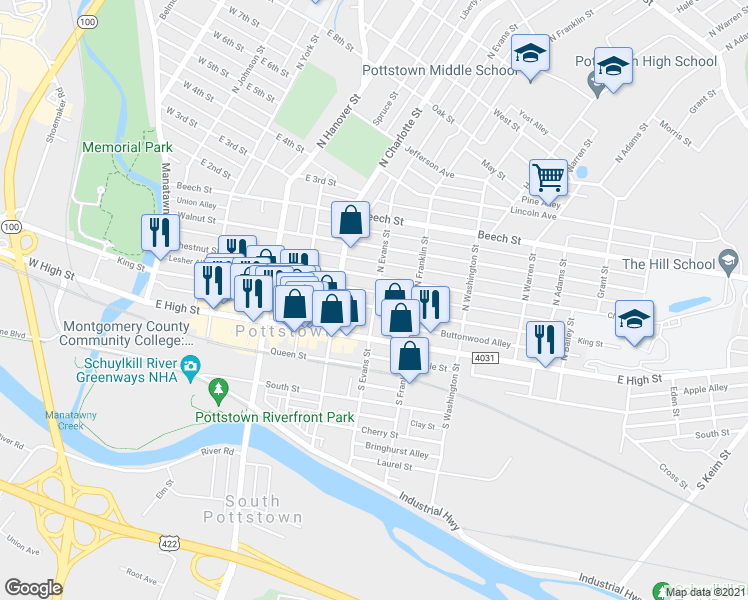 map of restaurants, bars, coffee shops, grocery stores, and more near 323 King Street in Pottstown