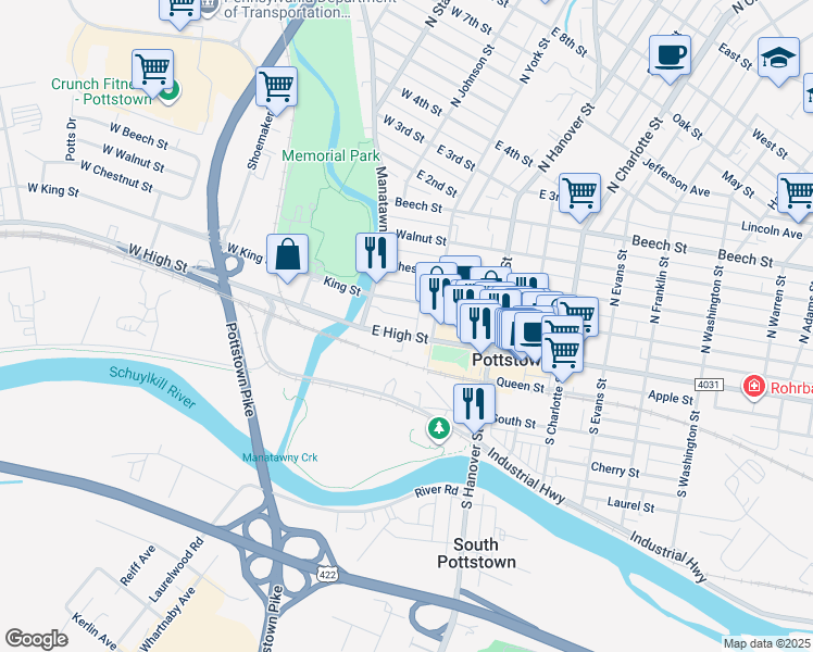 map of restaurants, bars, coffee shops, grocery stores, and more near 41 East High Street in Pottstown