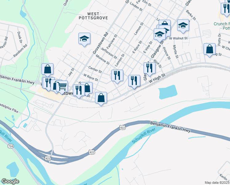 map of restaurants, bars, coffee shops, grocery stores, and more near 6 West Vine Street in Stowe