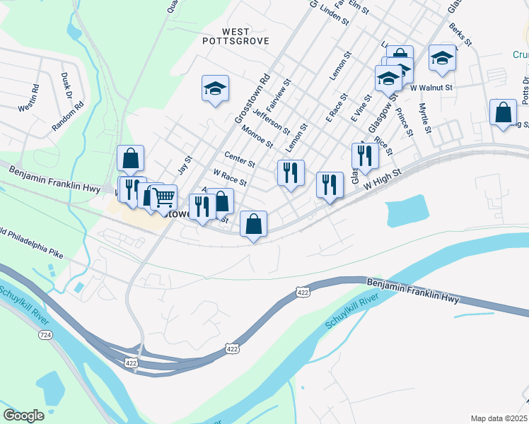 map of restaurants, bars, coffee shops, grocery stores, and more near 37 West Vine Street in Stowe