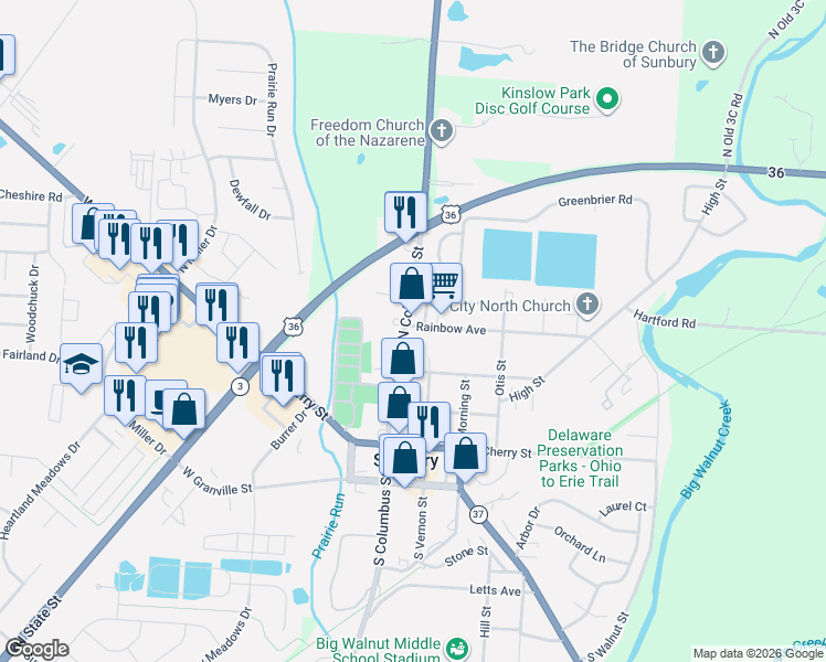 map of restaurants, bars, coffee shops, grocery stores, and more near 34 Rainbow Avenue in Sunbury