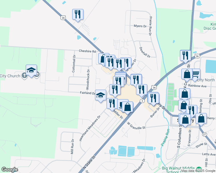 map of restaurants, bars, coffee shops, grocery stores, and more near 2199 Rushmore Lane in Sunbury