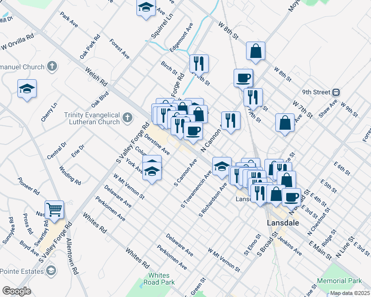 map of restaurants, bars, coffee shops, grocery stores, and more near 722 West Main Street in Lansdale