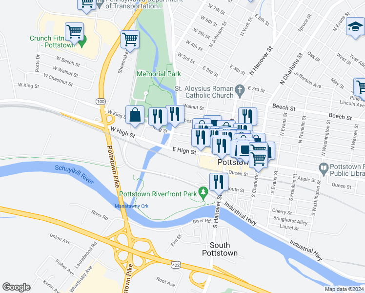 map of restaurants, bars, coffee shops, grocery stores, and more near 33 East High Street in Pottstown