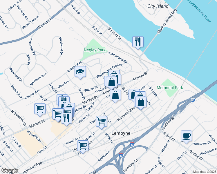 map of restaurants, bars, coffee shops, grocery stores, and more near 20 North 4th Street in Lemoyne