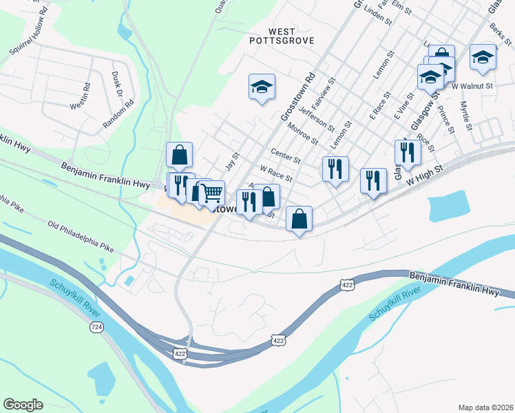 map of restaurants, bars, coffee shops, grocery stores, and more near 431 West Vine Street in Stowe