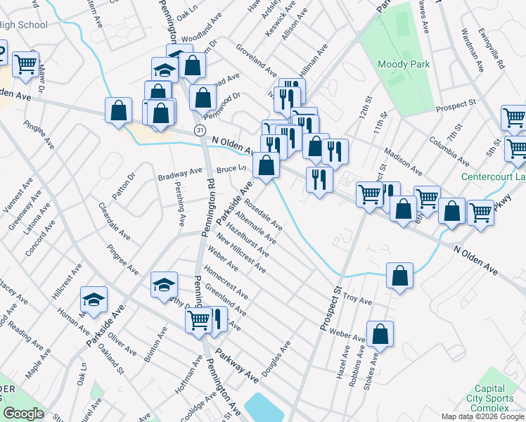 map of restaurants, bars, coffee shops, grocery stores, and more near 34 Rosedale Avenue in Ewing Township