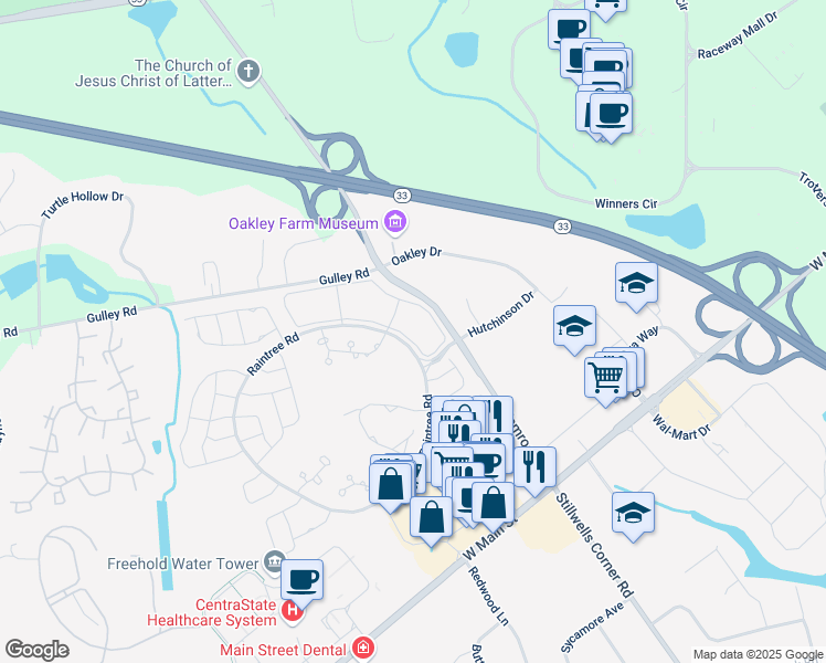 map of restaurants, bars, coffee shops, grocery stores, and more near 322 Tulip Lane in Freehold