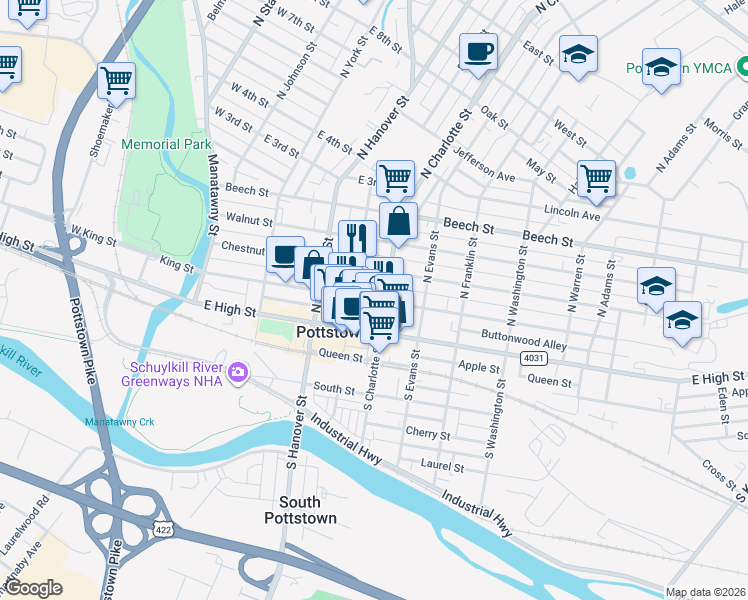 map of restaurants, bars, coffee shops, grocery stores, and more near King Street in Pottstown