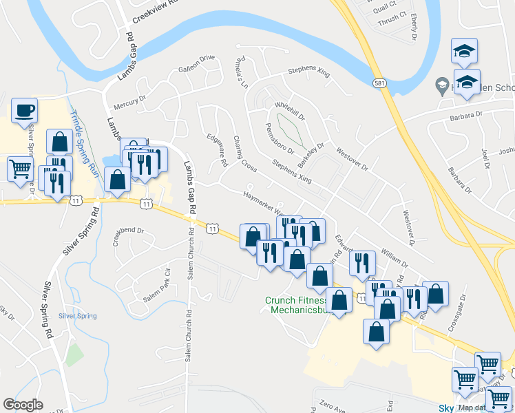 map of restaurants, bars, coffee shops, grocery stores, and more near 6151 Haymarket Way in Mechanicsburg