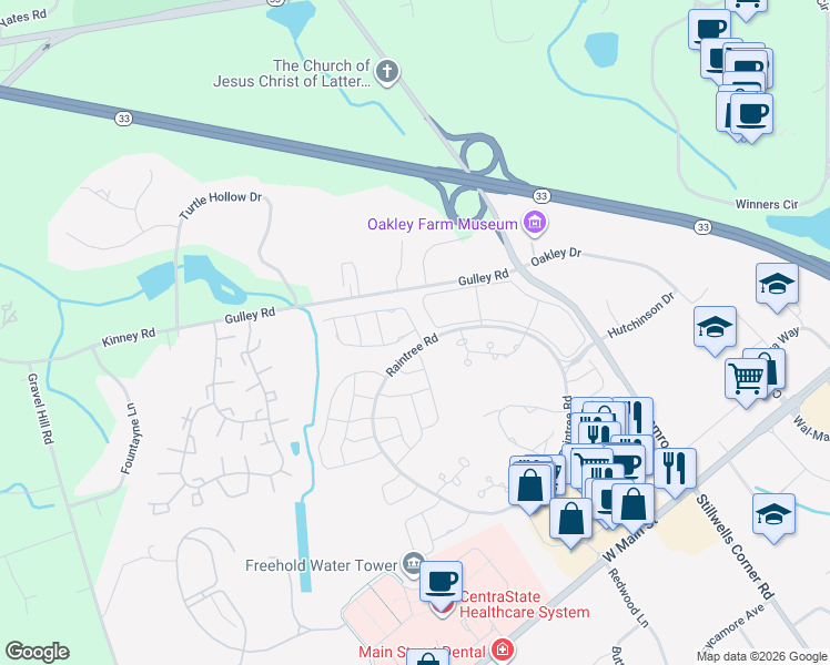 map of restaurants, bars, coffee shops, grocery stores, and more near 98 Almond Road in Freehold