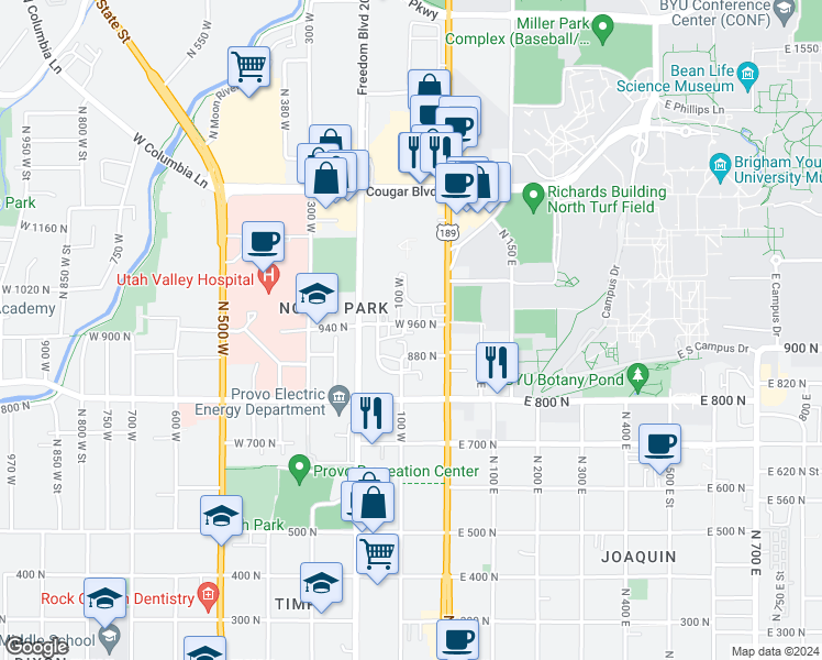 map of restaurants, bars, coffee shops, grocery stores, and more near 75 West 960 North in Provo