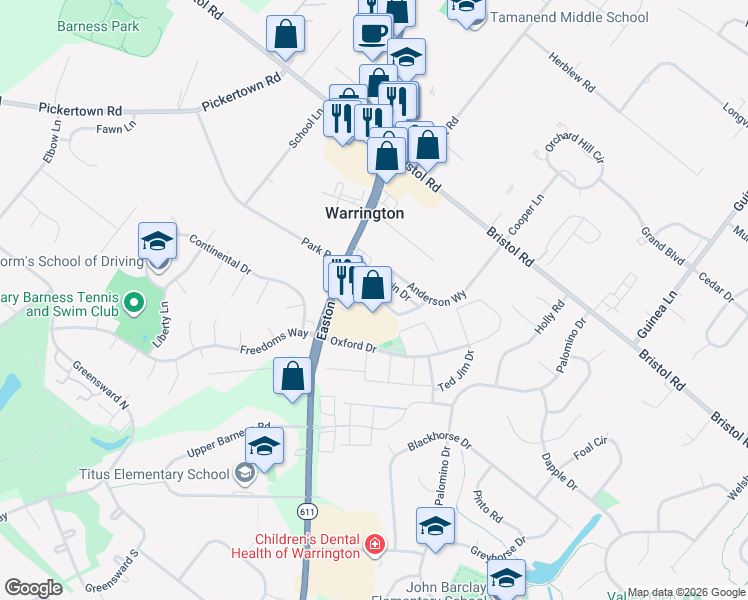 map of restaurants, bars, coffee shops, grocery stores, and more near 2252 Matts Way in Warrington