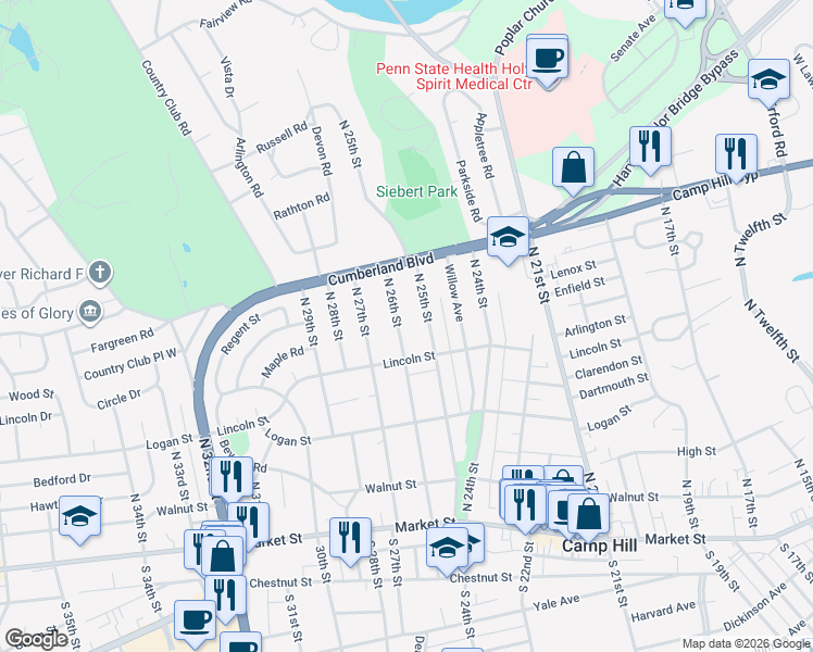 map of restaurants, bars, coffee shops, grocery stores, and more near 323 N 26th St in Camp Hill