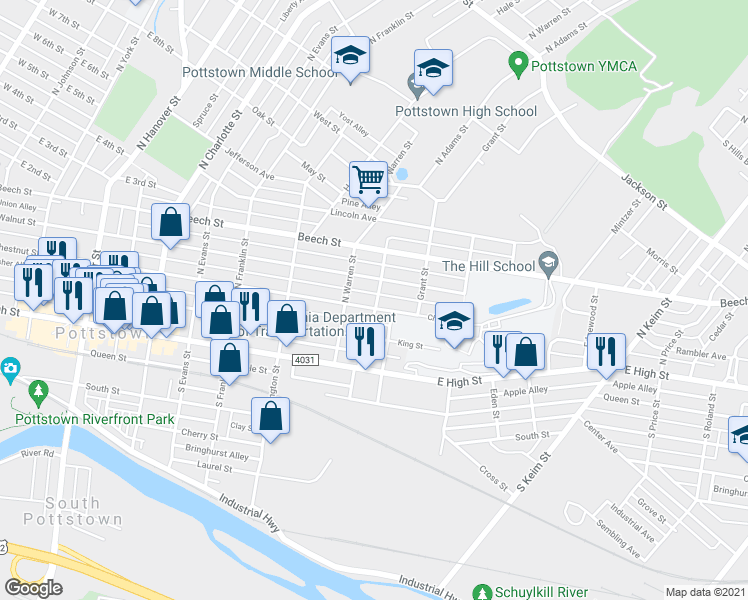 map of restaurants, bars, coffee shops, grocery stores, and more near 631 Chestnut Street in Pottstown