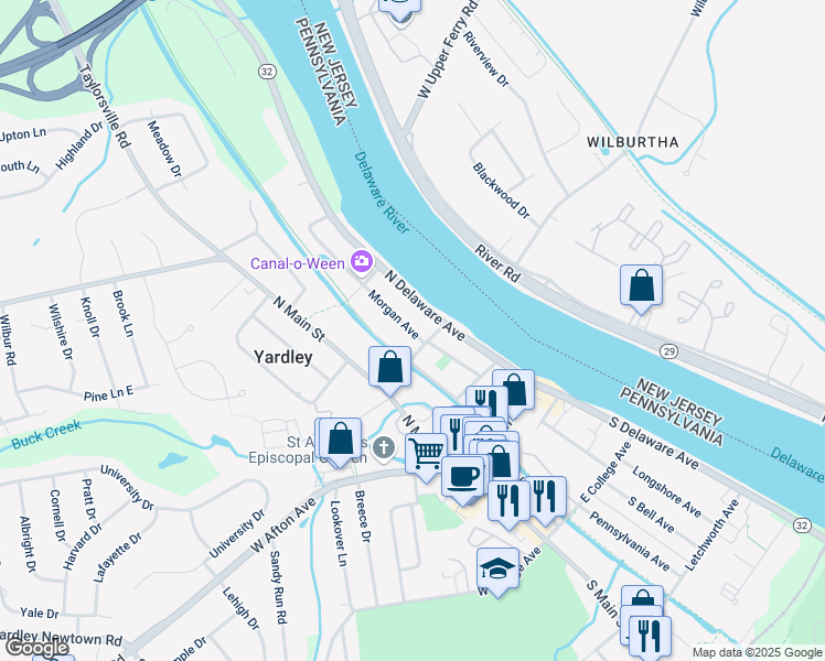 map of restaurants, bars, coffee shops, grocery stores, and more near 55 Morgan Avenue in Yardley