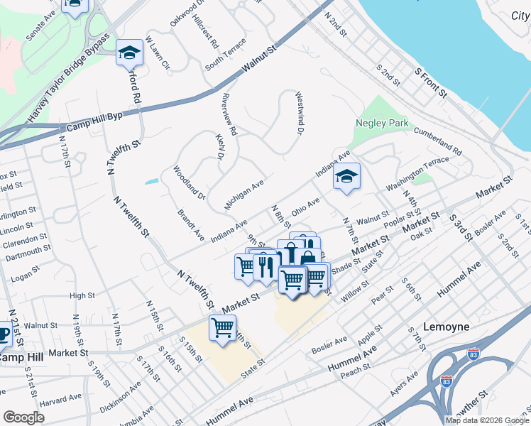 map of restaurants, bars, coffee shops, grocery stores, and more near 81 West Park Avenue in Lemoyne