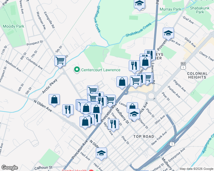 map of restaurants, bars, coffee shops, grocery stores, and more near 48 J Russel Smith Road in Lawrence Township