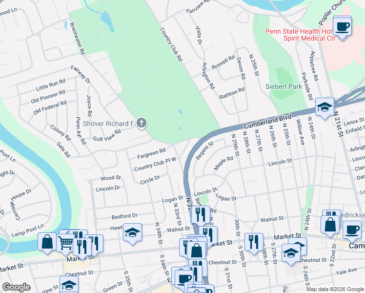 map of restaurants, bars, coffee shops, grocery stores, and more near 8 Country Club Place East in Camp Hill