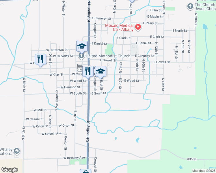 map of restaurants, bars, coffee shops, grocery stores, and more near 202 South East Street in Albany