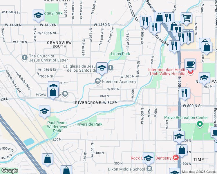 map of restaurants, bars, coffee shops, grocery stores, and more near 1104 W 900 N in Provo