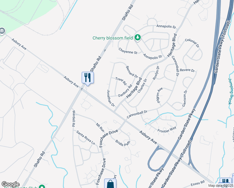 map of restaurants, bars, coffee shops, grocery stores, and more near 1 Andrew Drive in Tinton Falls