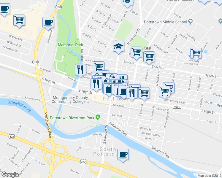 map of restaurants, bars, coffee shops, grocery stores, and more near 21 North Hanover Street in Pottstown