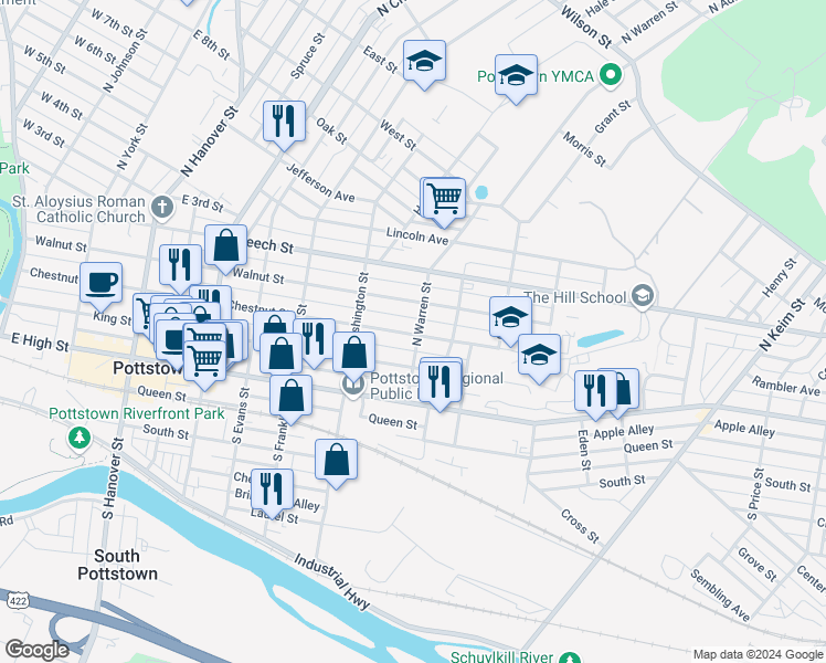 map of restaurants, bars, coffee shops, grocery stores, and more near 101 North Warren Street in Pottstown