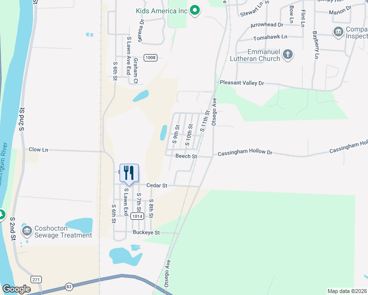 map of restaurants, bars, coffee shops, grocery stores, and more near 2223 South 10th Street in Coshocton