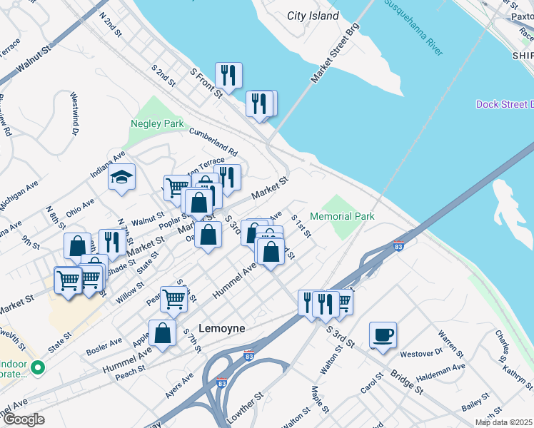 map of restaurants, bars, coffee shops, grocery stores, and more near 202 Bosler Avenue in Lemoyne