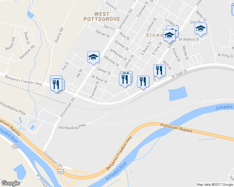 map of restaurants, bars, coffee shops, grocery stores, and more near 37 West Vine Street in Pottstown
