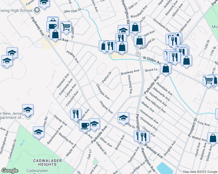 map of restaurants, bars, coffee shops, grocery stores, and more near 25 Kinney Drive in Ewing Township