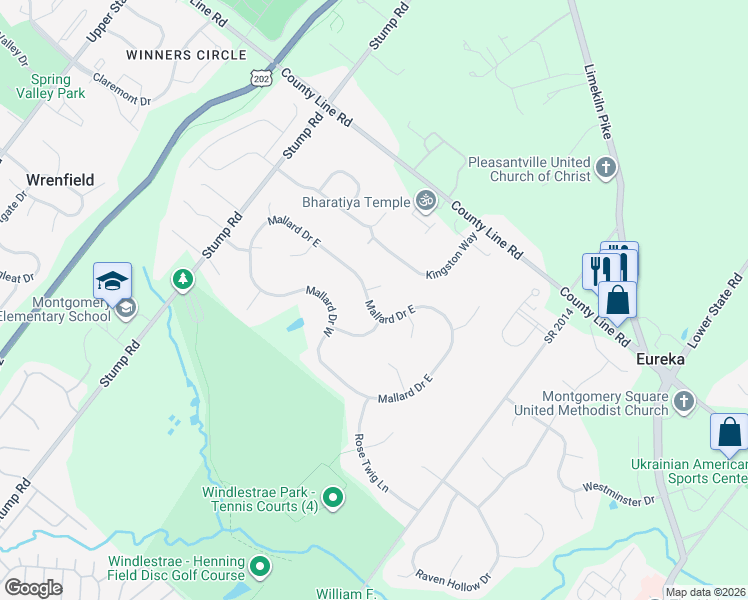 map of restaurants, bars, coffee shops, grocery stores, and more near 102 Grouse Court in North Wales
