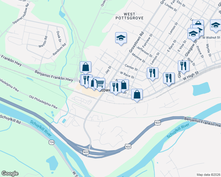 map of restaurants, bars, coffee shops, grocery stores, and more near 536 West Vine Street in Stowe